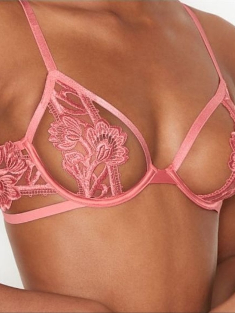 NEW VICTORIA SECRET ROSE PINK Floral Embroidered UNLINED Bra-SZ-32DD